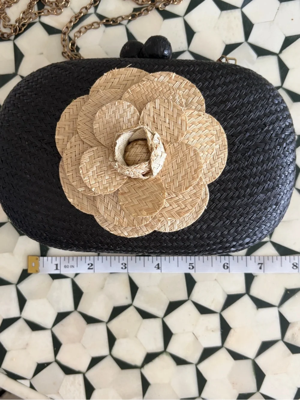 Black Woven Clutch with Natural Straw Flower Accent